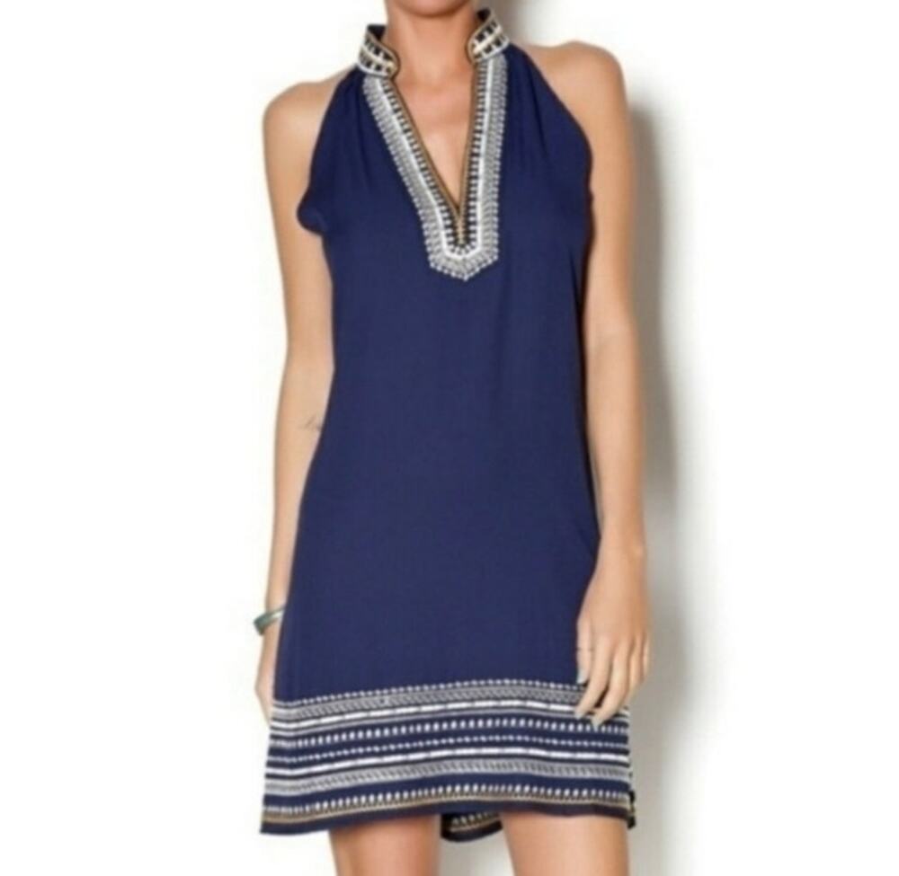 THML Sleeveless V-Neck Shift Embroidery Knee Length Boho Resort Dress XSP